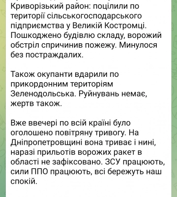 Протягом дня ворог знову обстріляв Криворізький район: пошкоджено будівлю складу