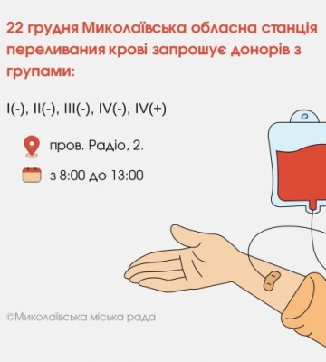 22 грудня Миколаївська обласна станція переливания крові запрошує донорів