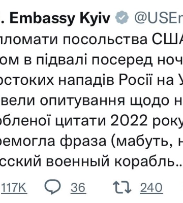 Дипломати посольства США у бомбосховищі визначились з улюбленою цитатою 2022 року