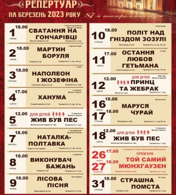 Полтавський театр імені Миколи Гоголя оприлюднив афішу на березень