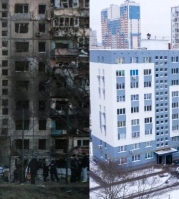 Було/стало: в Києві відновили будинок на Богатирській, пошкоджений під час обстрілів міста