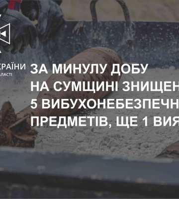 За минулу добу на Сумщині знищено 5 вибухонебезпечних предметів
