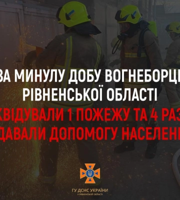 За минулу добу на Рівненщині рятувальники ліквідували пожежу та чотири рази допомогли населенню