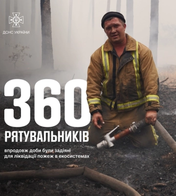360 рятувальників та 84 одиниці техніки були задіяні минулої доби до гасіння пожеж в екосистемах
