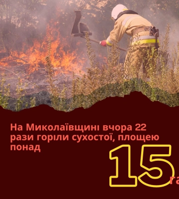 На Миколаївщині вчора 22 рази горіли сухостої, площа пожеж становить понад 15 га