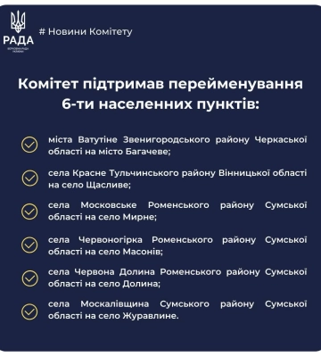 Комітет ВРУ підтримав перейменування шести населених пунктів