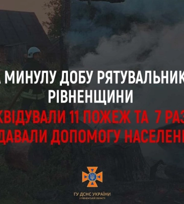 За минулу добу на Рівненщині трапилось 11 пожеж