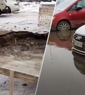 В Киеве из-за повреждения водопровода затопило стоянку: видео с места аварии