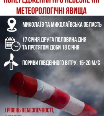 Миколаївський обласний центр з гідрометеорології попереджає про небезпечні метеорологічні явища на території Миколаївщини
