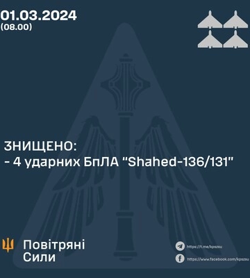В ніч на 1 березня ППО знищила чотири &quot;шахеди&quot; та не змогла спинити балістичні ракети росіян - пс