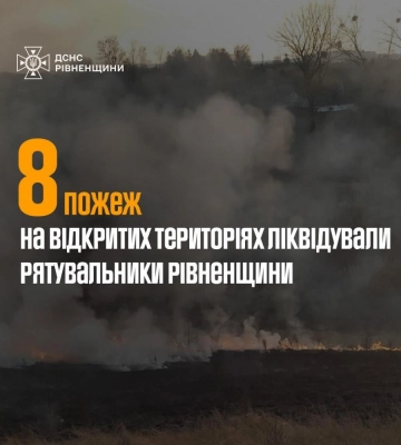 Впродовж минулої доби рятувальники Рівненщини ліквідували 8 пожеж на відкритих територіях