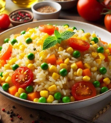 Смачно, легко і дієтично: рис з кукурузкою, горохом  та овочами