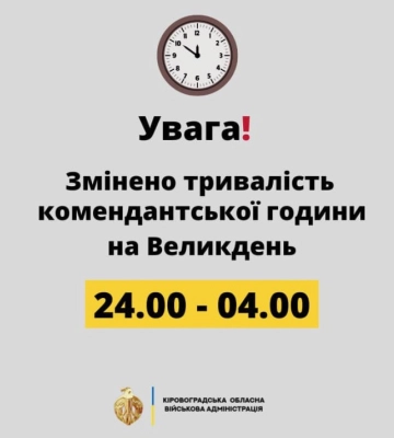У Великодню ніч на Кіровоградщині зміниться тривалість комендантської години