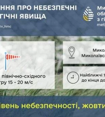 Рівень небезпечності - жовтий: на Миколаївщині до кінця доби - сильний вітер