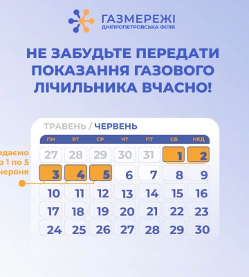 Дніпропетровська філія «Газмережі» чекає від клієнтів показання лічильників газу від клієнтів з 1 по 5 червня