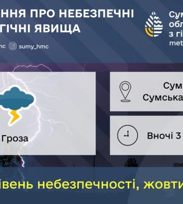 Вночі на Сумщині очікують грозу
