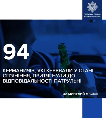Упродовж травня на Закарпатті до відповідальності притягнули 94 нетверезих водіїв