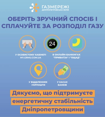 Дніпропетровська філія «Газмережі»: майже 334 тис. споживачів сплатили за розподіл газу у травні