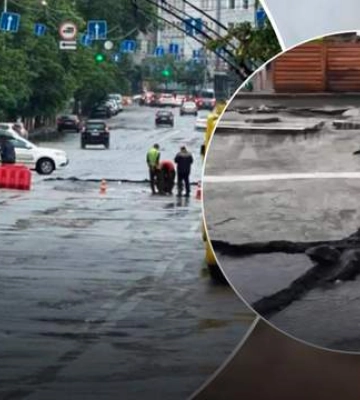 В самом центре города: в Киеве в результате ливня асфальт вместе с авто ушел под землю