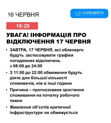 17 червня на Волині світло вимикатимуть з 08:00 до 24:00