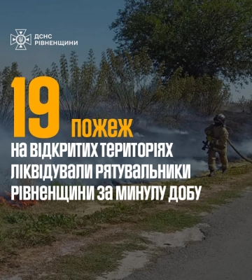 За минулу добу на Рівненщині виникло 19 пожеж на відкритій місцевості