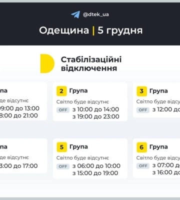 Який графік відключень світла запланований на Одещині на 5 грудня