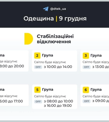 Енергетики оприлюднили графіки відключення світла в Одеській області на 9 грудня