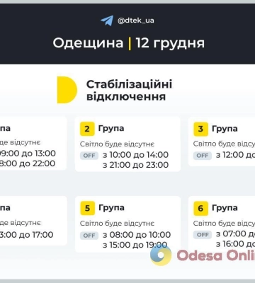 Енергетики оприлюднили графіки відключення світла в Одеській області на 12 грудня
