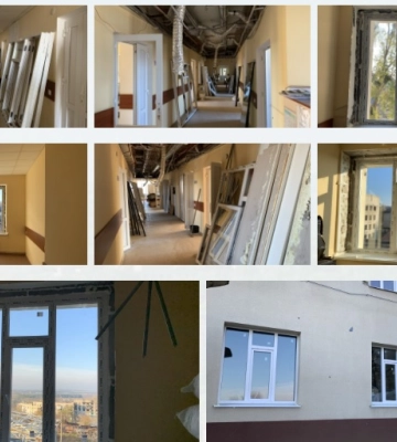 В Изюме вставляют окна в больнице и разместили «скорую» в модульном здании