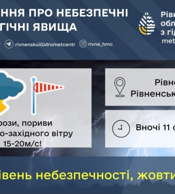 Вночі на Рівненщині буде гроза
