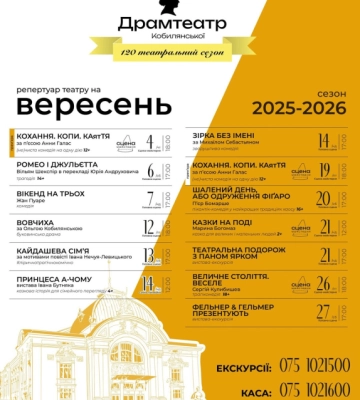 Чернівецький драмтеатр опублікував офішу вистав на вересень