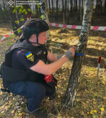 Розтяжку з бойовою гранатою виявили у лісовому масиві на Київщині. ФОТО