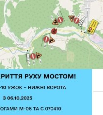 Обмеження руху на Закарпатті: з 6 жовтня перекривають міст на автодорозі Т-07-10 Ужок – Нижні Ворота