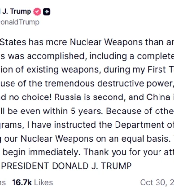 Трамп доручив Пентагону негайно розпочати випробування ядерної зброї