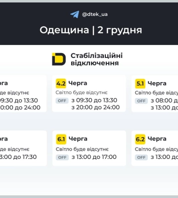 Енергетики опублікували графіки відключення світла в Одеській області на 2 грудня