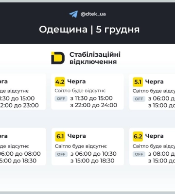 Енергетики опублікували графіки відключення світла в Одеській області на 5 грудня