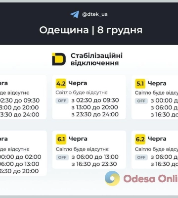 Енергетики опублікували графіки відключення світла в Одеській області на 8 грудня