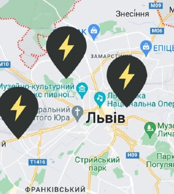 Карта громадських закладів Львова з генераторами і укриттями