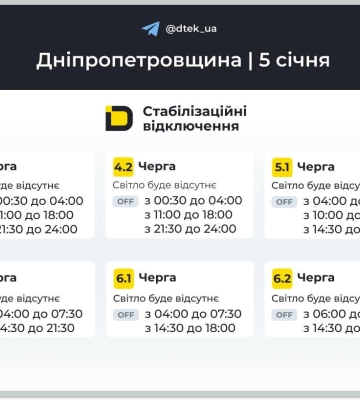 ДТЕК графіки відключення світла в Дніпрі 5 січня 2026: актуальна інформація