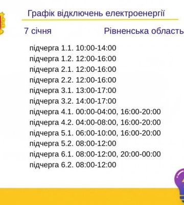 Коли вимикатимуть електроенергію на Рівненщині у середу, 7 січня