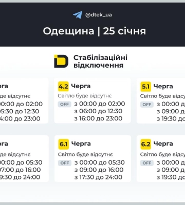 Енергетики опублікували графіки відключень світла на 25 січня для частини мешканців Одещини