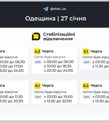 Енергетики опублікували графіки відключень світла на 27 січня для частини мешканців Одещини