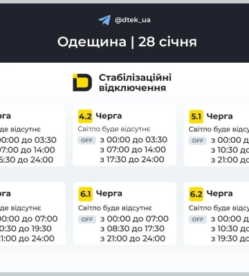 Сталі відомі графіки відключень світла на Одещині 28 січня