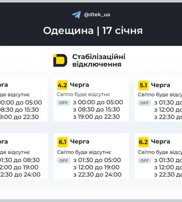 Енергетики опублікували графіки відключення світла в Одеській області на 17 січня