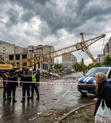 Будівельний кран не витримав удару стихії у Полтаві: вітер і град наробили лиха — відео
