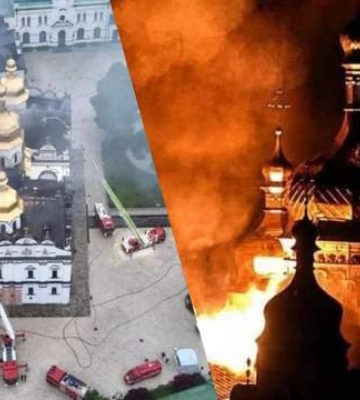 Храм, охваченный пламенем: камеры зафиксировали момент удара по Успенскому собору Лавры