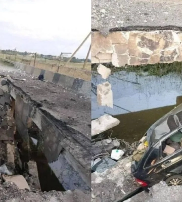 Во временно оккупированном Геническе после атаки дрона обрушилась часть моста через Арабатскую стрелку. ФОТО