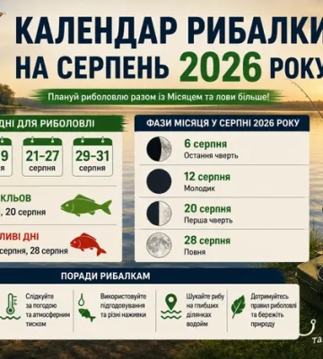Місячний календар рибалки на серпень 2026 року: найкращі дні кльову
