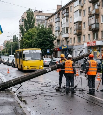 У Дніпрі на проїжджу частину впала електроопора: рух транспорту паралізовано (Відео та Фото)